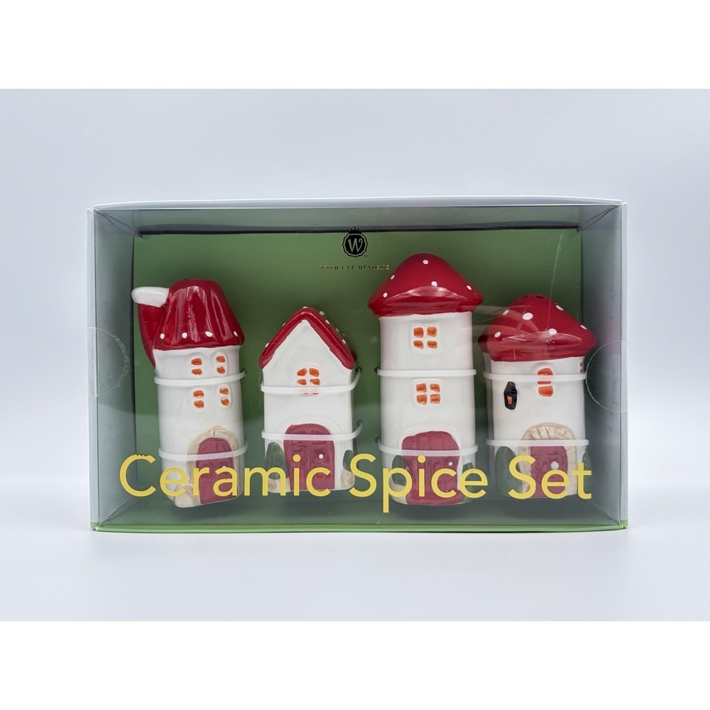 Wild Eye Designs Ceramic Mushroom House Spice Shaker Set of 4 New In Box Cottage